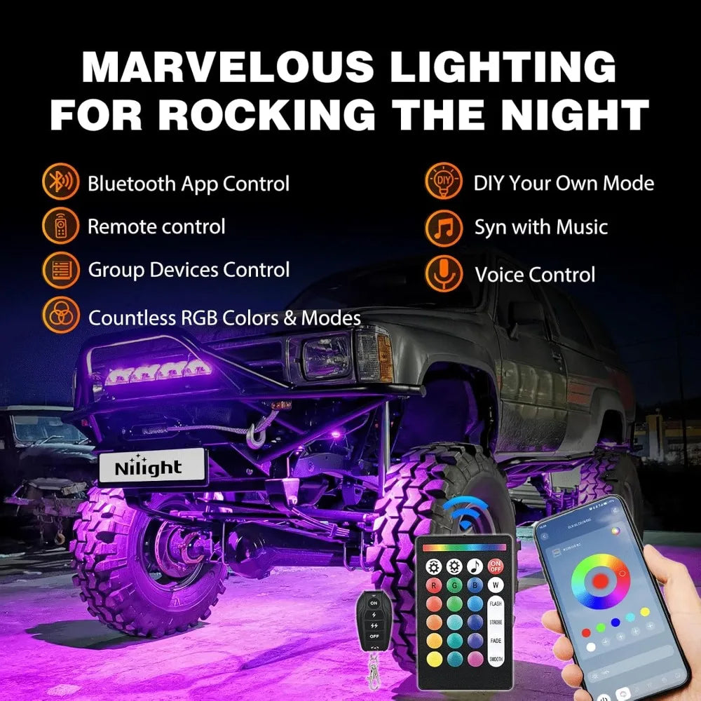 Nilight RGB Rock Lights Kit Underglow With Remote App For Jeep Truck SUV ATV UTV