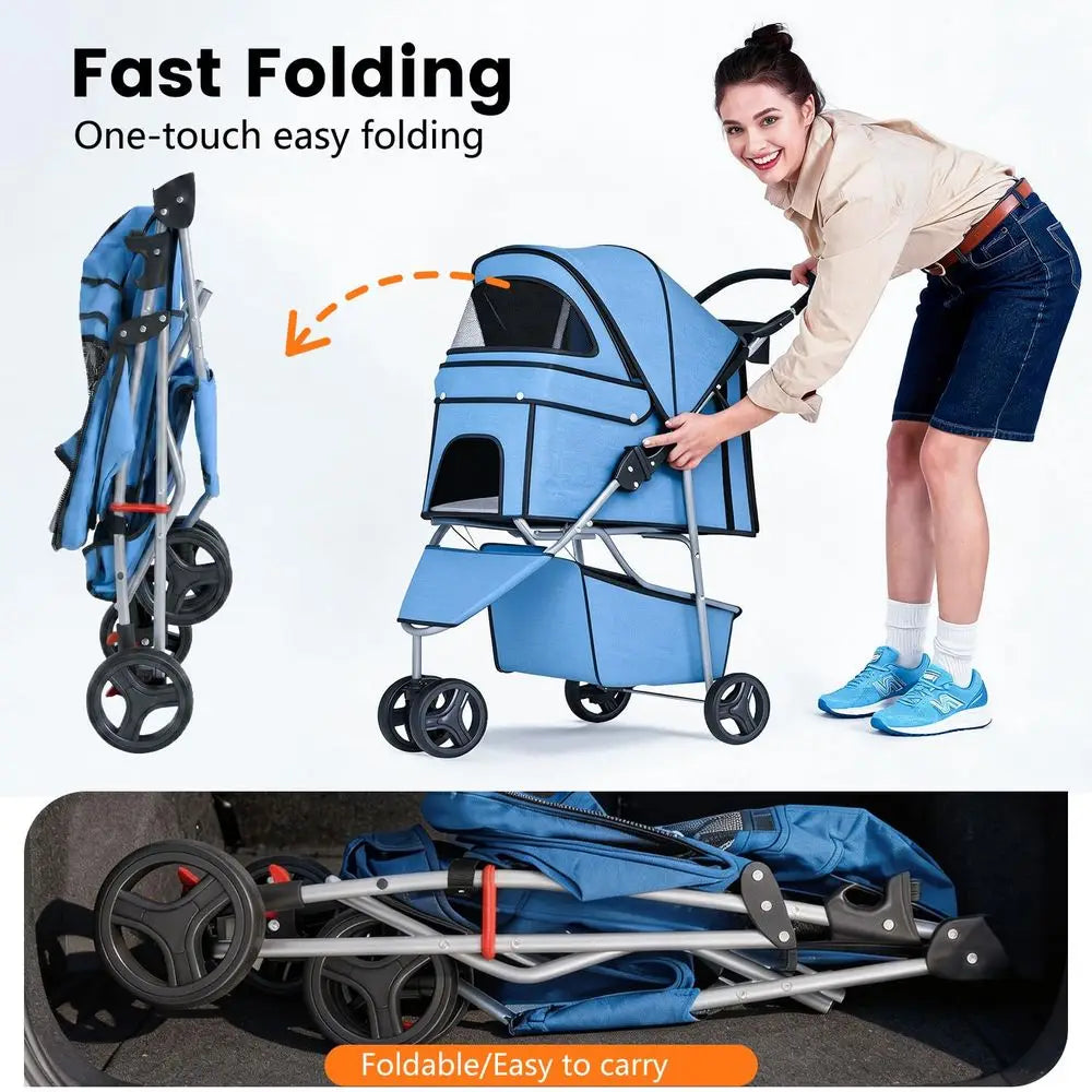 3 Wheel Lightweight Pet Stroller With Mesh And Storage