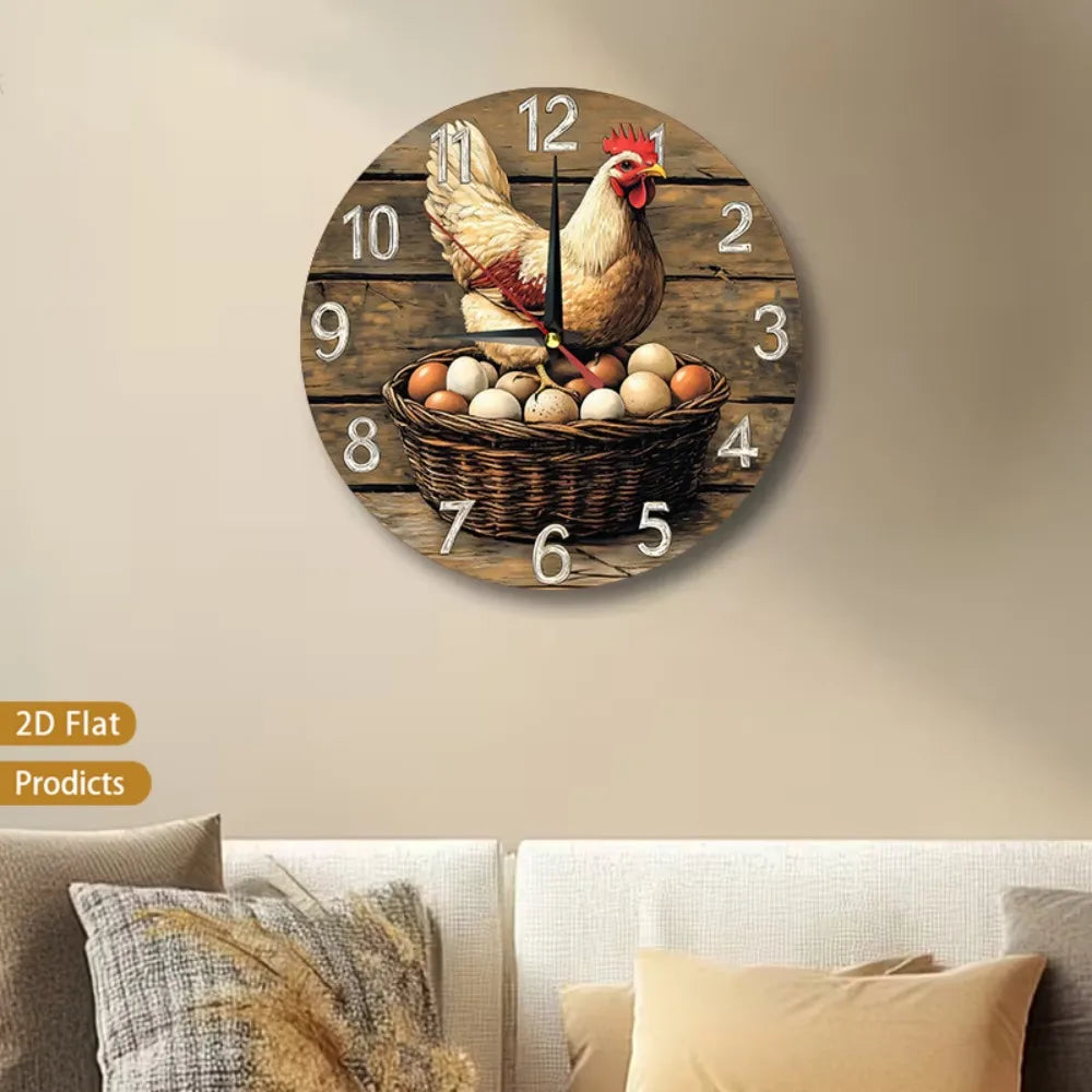 Farmhouse Chicken Wall Clock Rustic Wood Silent Non Ticking Nursery Decor Chicks