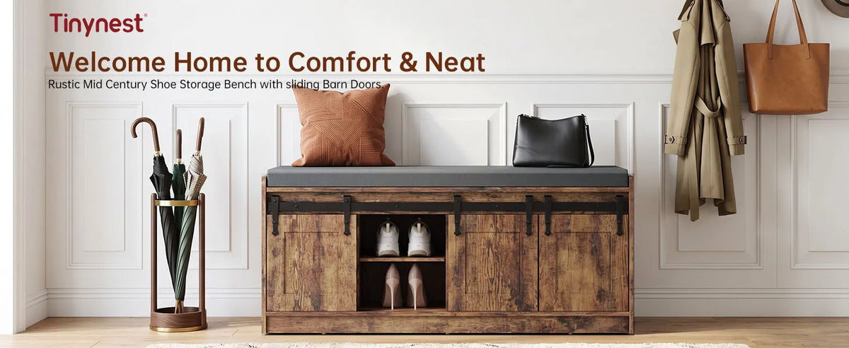 TinyNest Shoe Storage Bench With Linen Cushion Entryway Cabinet