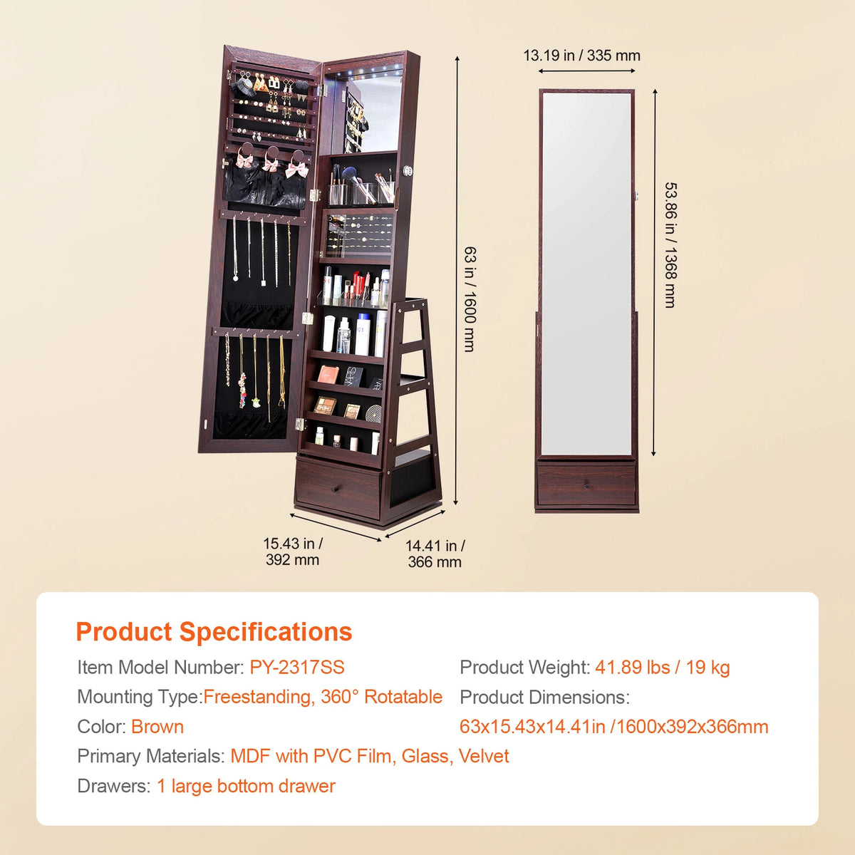 SucceBuy Mirror Jewelry Cabinet 360 Degree Swivel With Lockable Storage