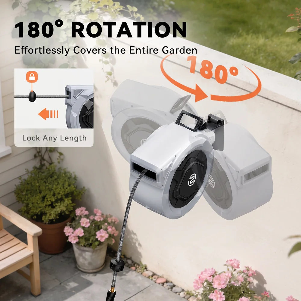 SUNPOW Retractable Garden Hose Reel,5/8in×100FT Wall‑Mount Heavy‑Duty Reel,Any Length Lock,Pulley Guide Rail System,Leak‑Proof 3/4in Brass Fitting,10‑Function Spray Nozzle,180° Swivel Bracket,Auto Rewind for Garden