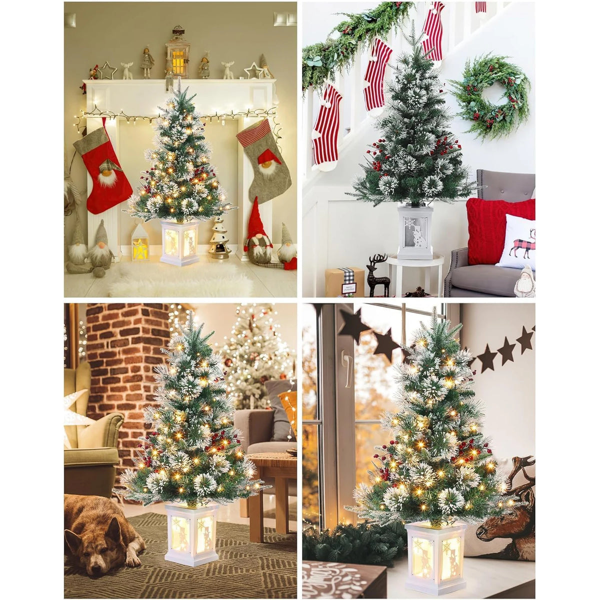 Pre-Lit Artificial Christmas Trees With Potted Bases, 8 Lighting Modes