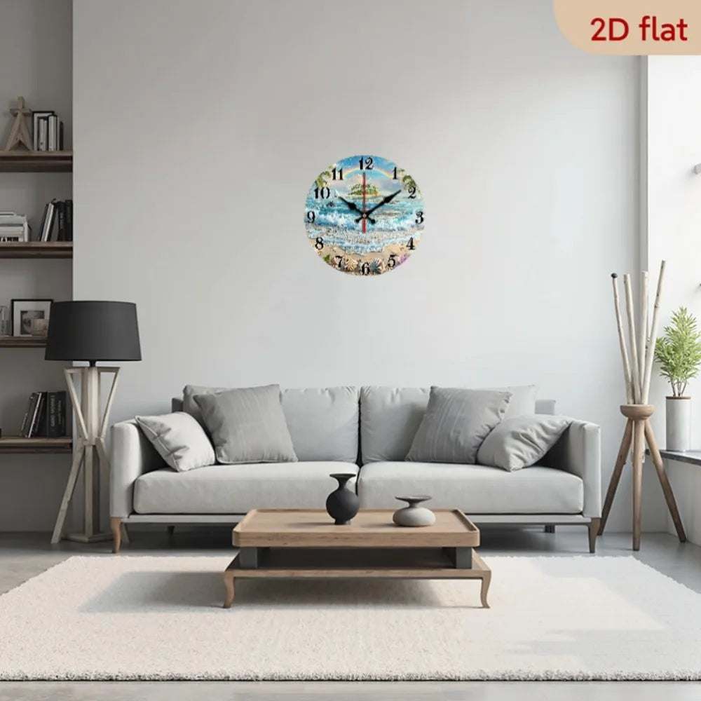 Tropical Beach Ocean Wooden Wall Clock With Rainbow Dolphins Seashells