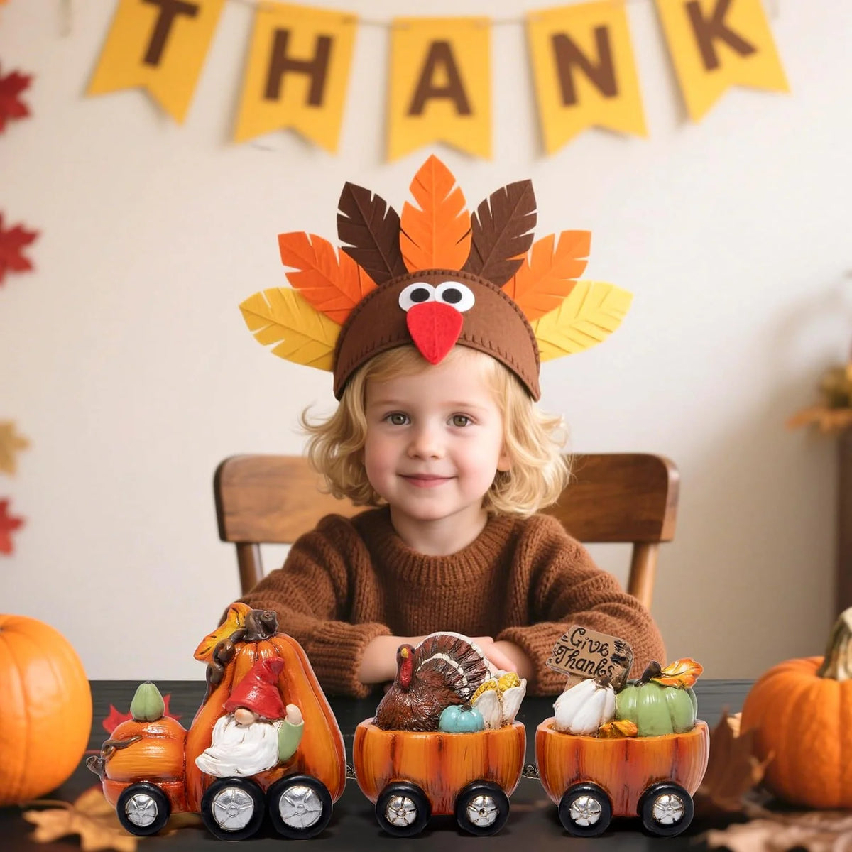 Hodao Resin Thanksgiving Pumpkin Train Figurine With Gnome And Turkey