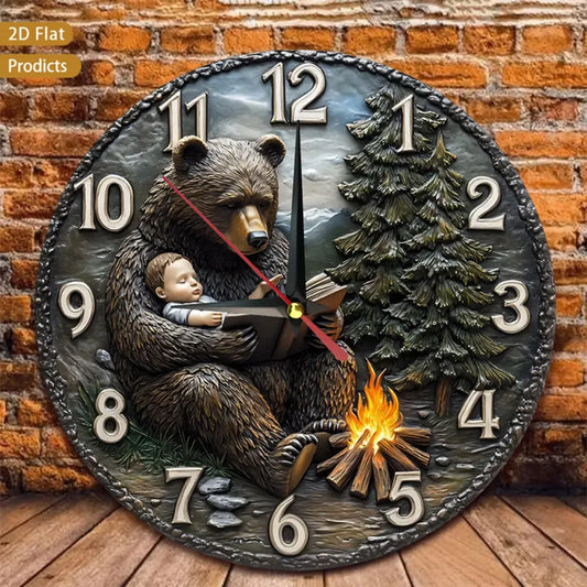Vintage Wooden Wall Clock With Brown Bear Silent Farmhouse Decor