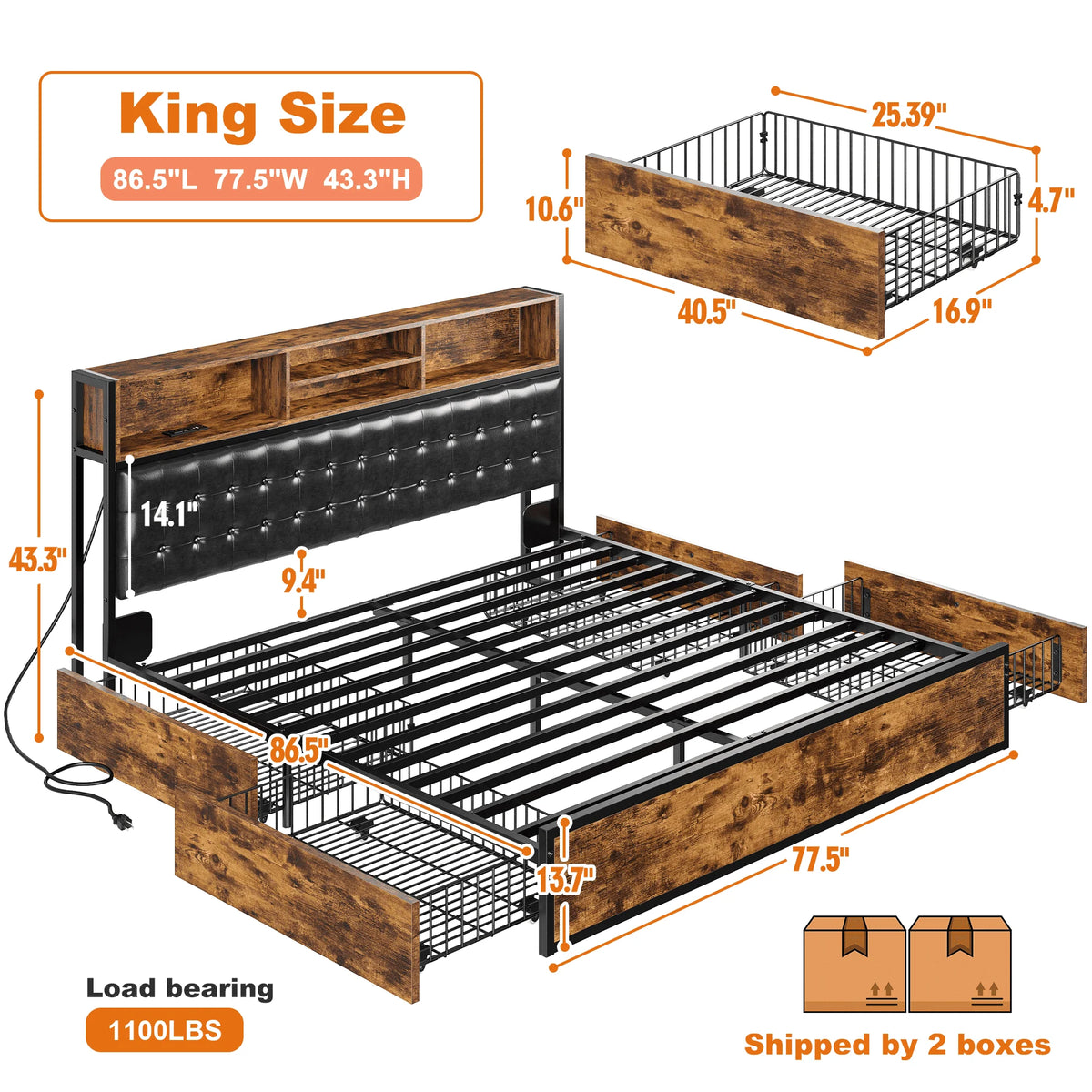 EnHomee Upholstered Platform Bed Frame With Charging Station And Storage Drawers