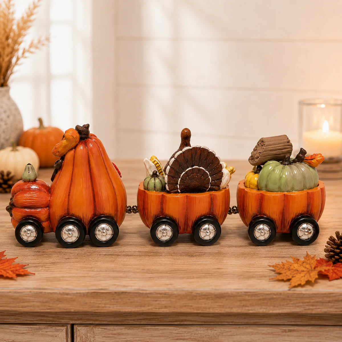 Hodao Resin Thanksgiving Pumpkin Train Figurine With Gnome And Turkey