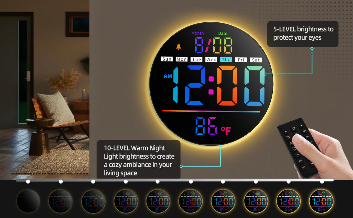 LED Wall Clock With Timer Temperature Date Night Light Alarm