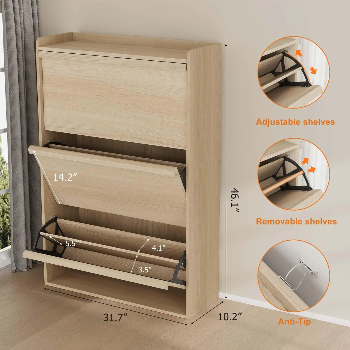3 Flip Drawer Shoe Cabinet 46.1in Slim Freestanding Shoe Storage Organizer With Adjustable Shelves For Entryway Hallway Home Use