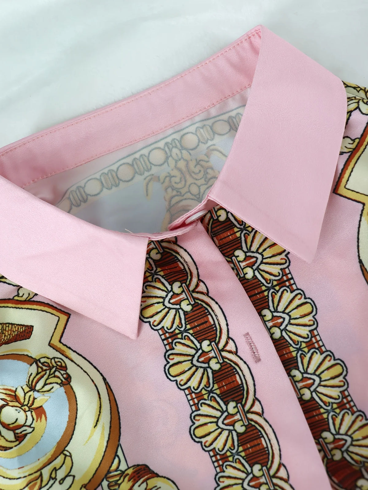 Elegant Women Two Piece Knit Jersey Matching Set With Ornate Print Button Shirt Top And Pants