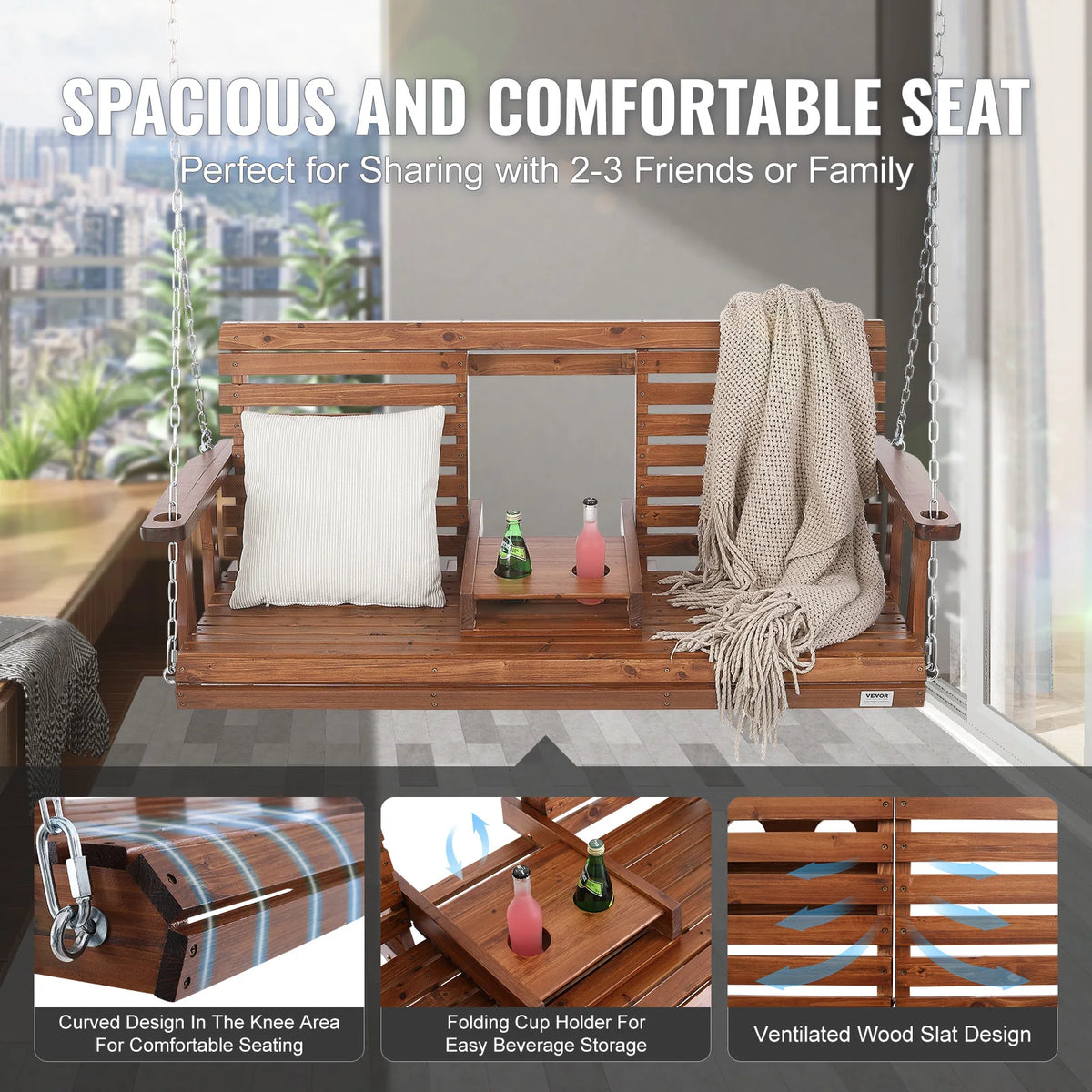 SucceBuy Cedar Wood Porch Swing Outdoor Bench With Steel Chains