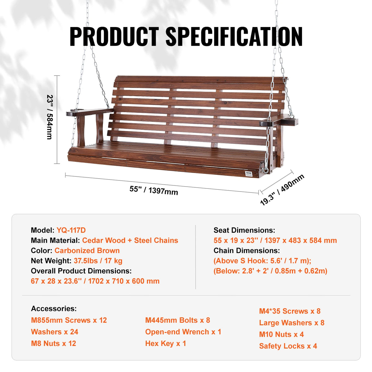 SucceBuy Cedar Wood Porch Swing Outdoor Bench With Steel Chains