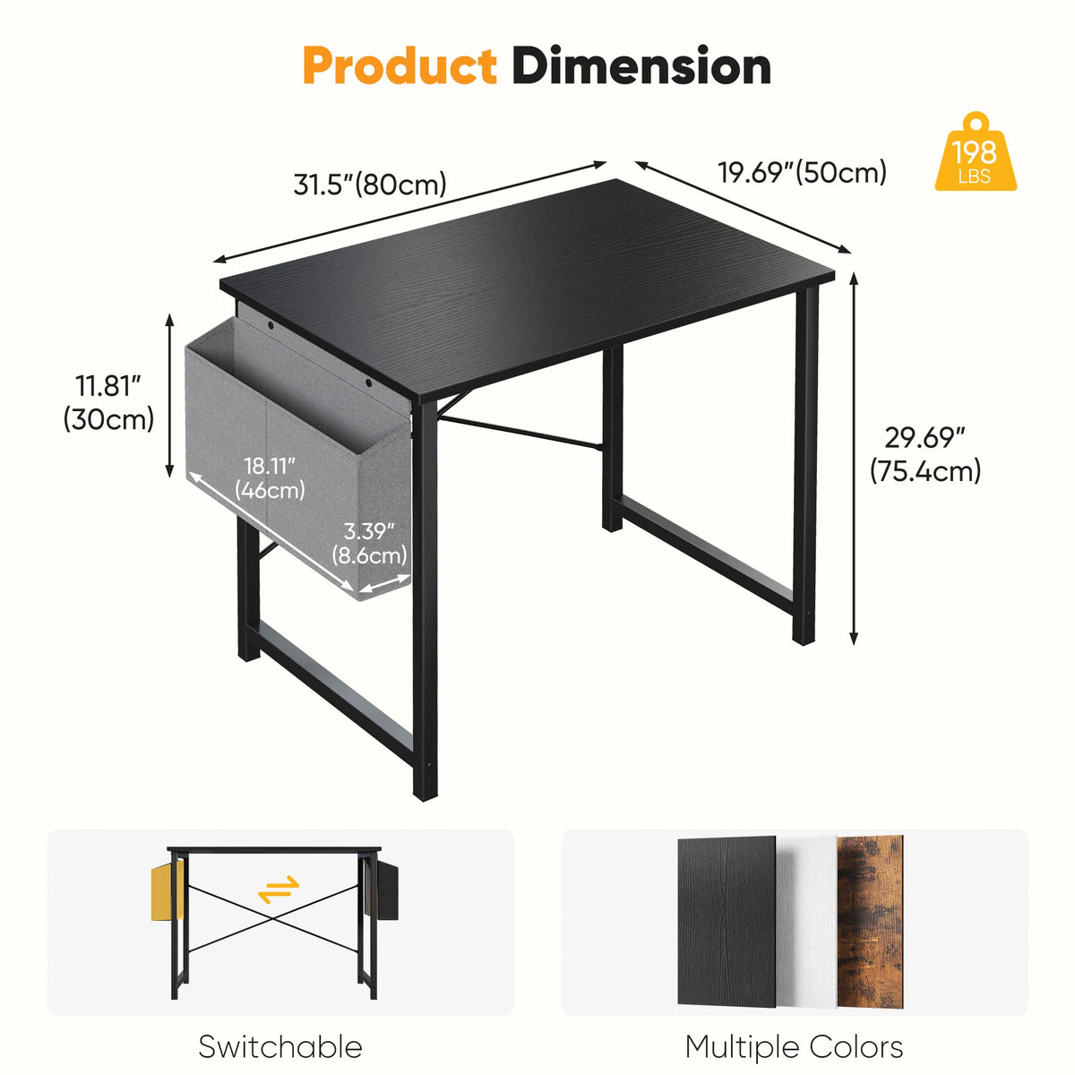 JHK Computer Desk With Storage Bag Metal Frame Wood Tabletop