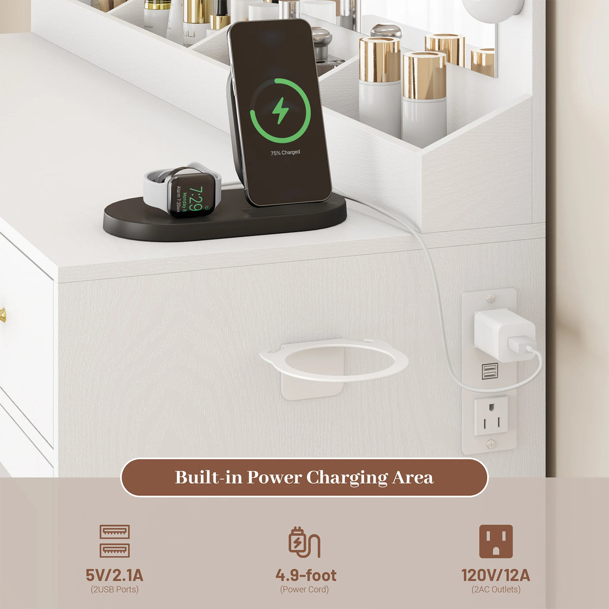 Makeup Vanity With Large Mirror And Lights USB Charging Station