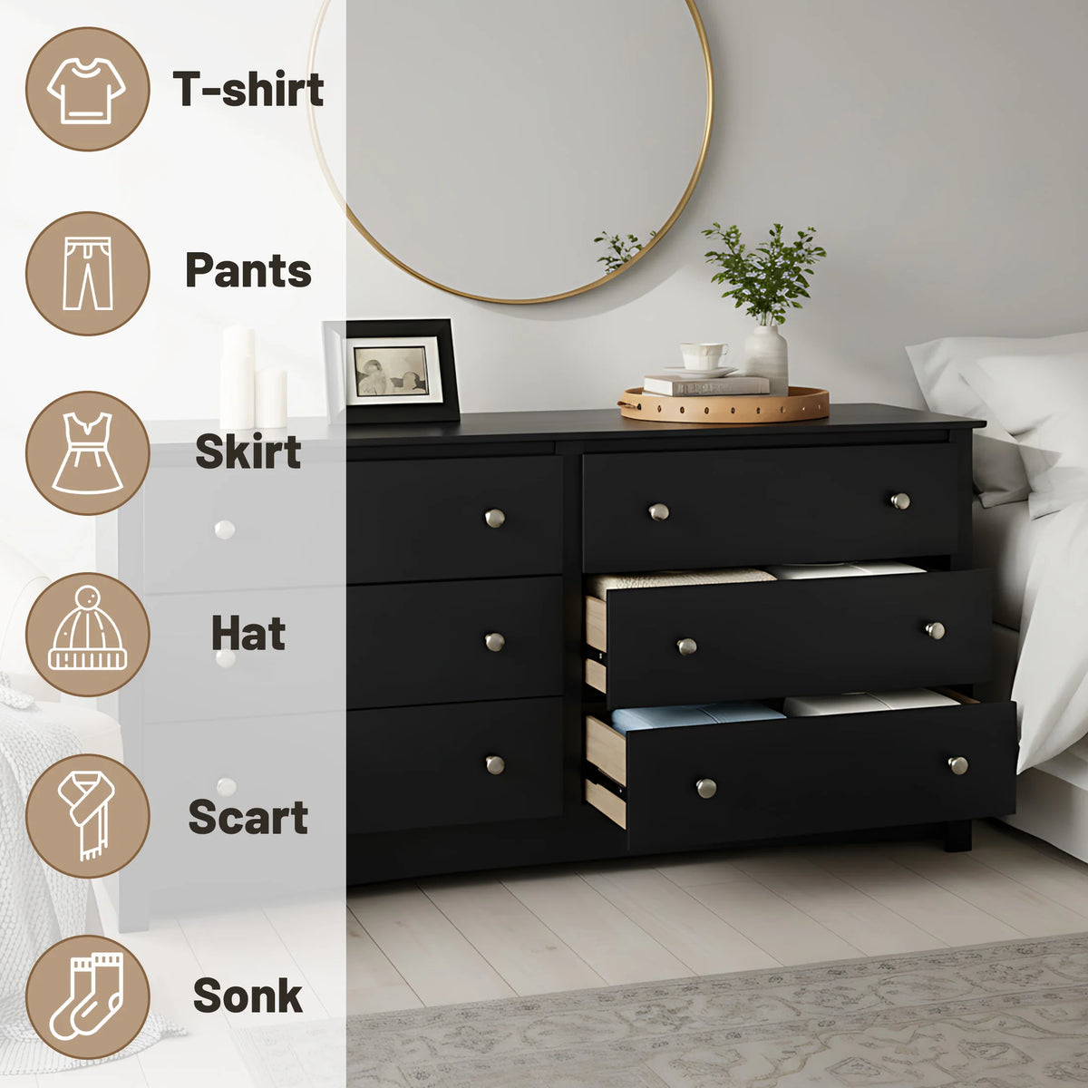 JHK 59IN Wood 6 Dresser Drawers Cabinet for Living Room Stable Structure Storage Wide Chest of Drawers Furniture For Bedroom