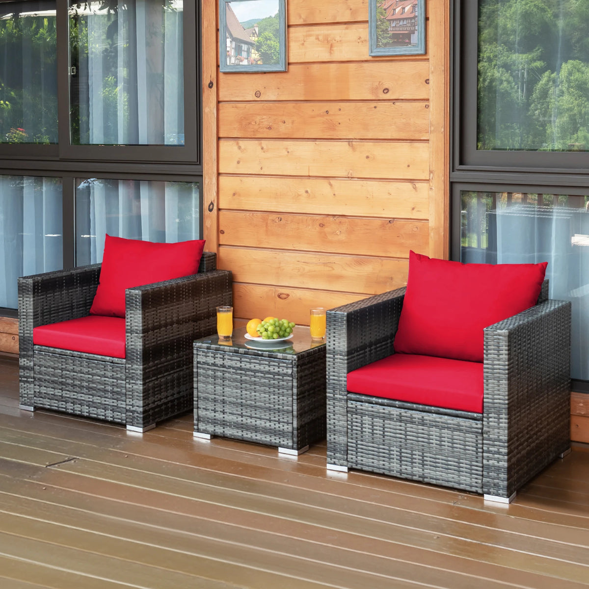 HOMASIS 3 Piece Patio Rattan Bistro Set Cushioned Sofa Chairs Table