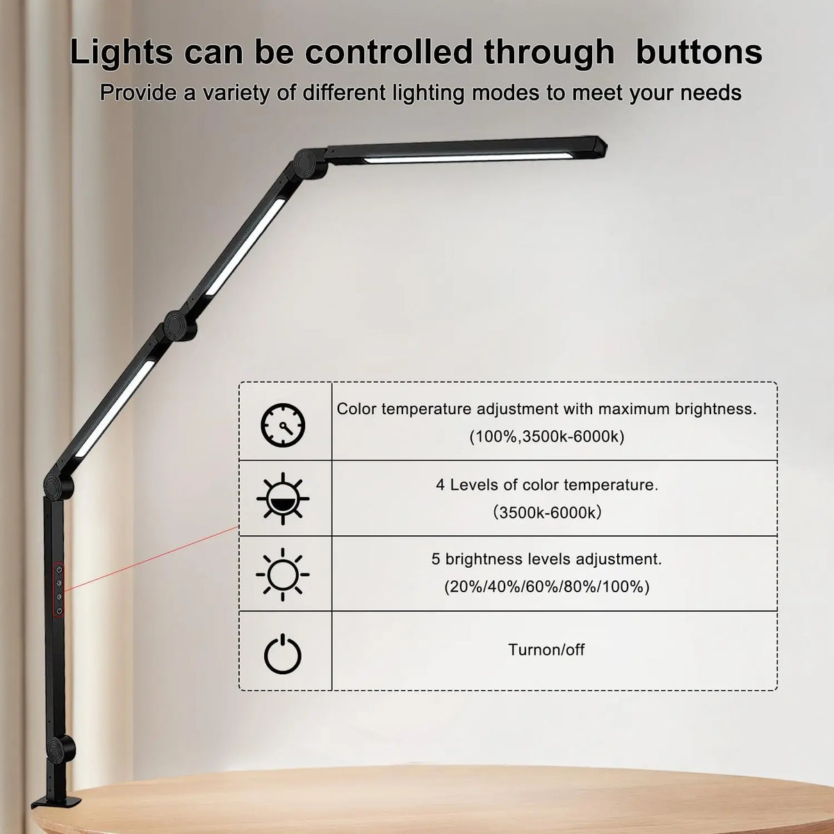 LED Desk Lamp Clamp Flexible Swing Arm 3 Light Sources 4 Color Modes 5 Brightness
