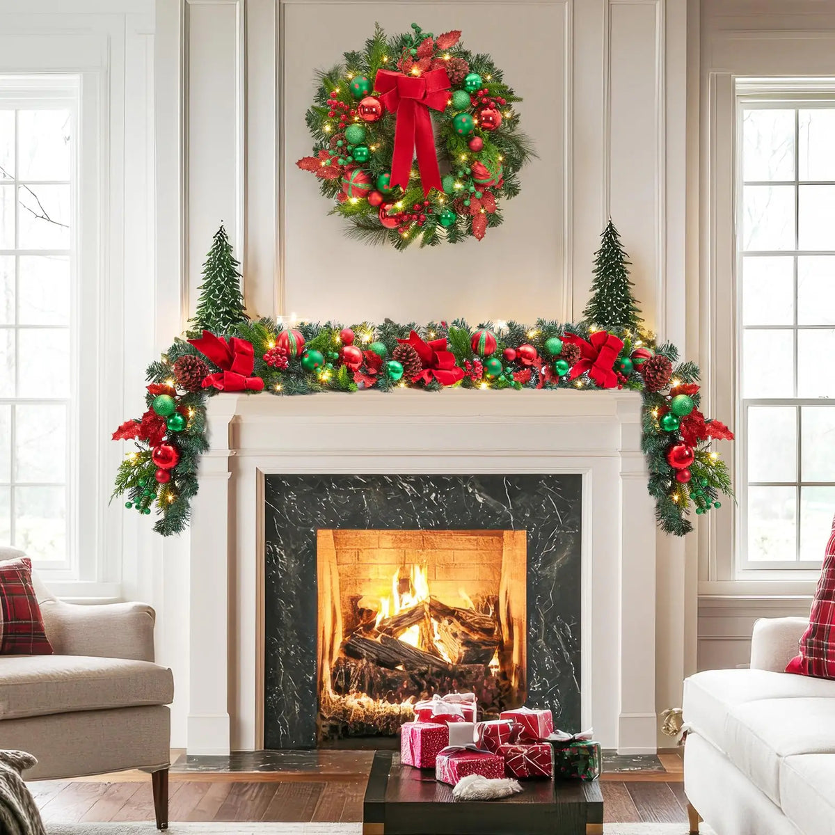 HiMISS Christmas Garland With Battery Lights For Mantle