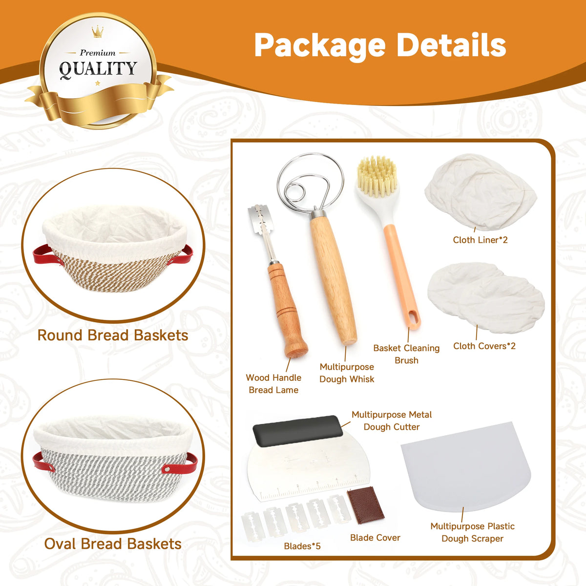 17 Piece Bread Proofing Basket Set With Lame And Whisk