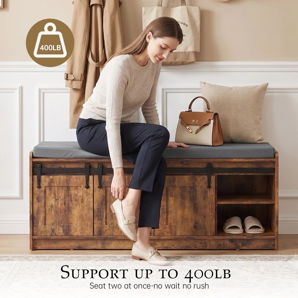 TinyNest Shoe Storage Bench With Linen Cushion Entryway Cabinet