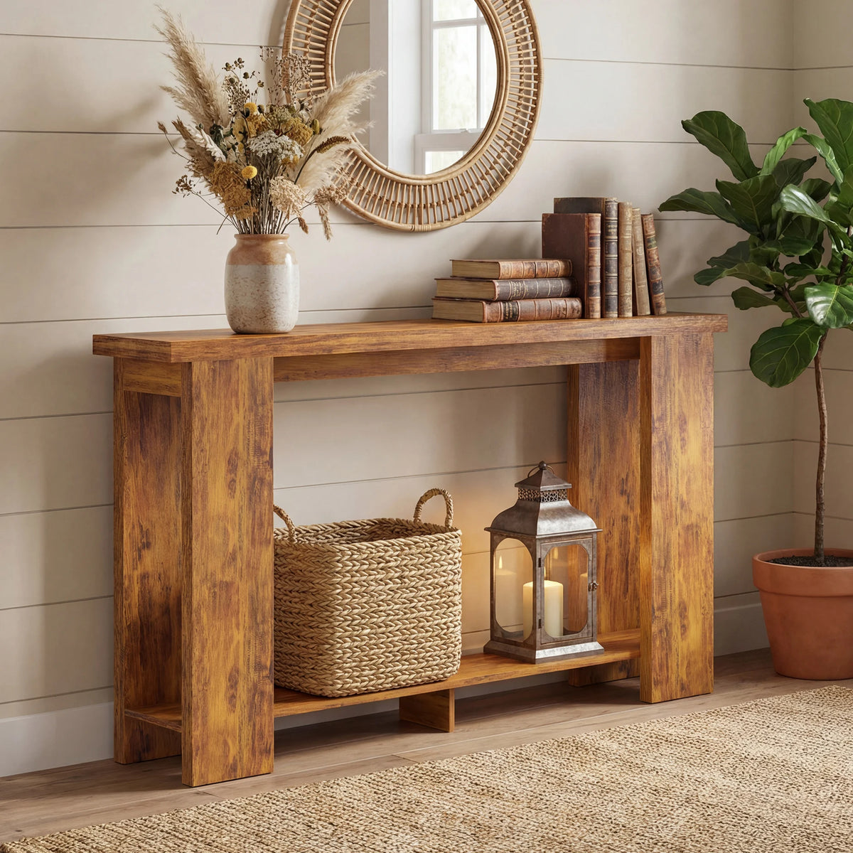 Wooden Entryway Console Table With Storage Shelf Farmhouse Style