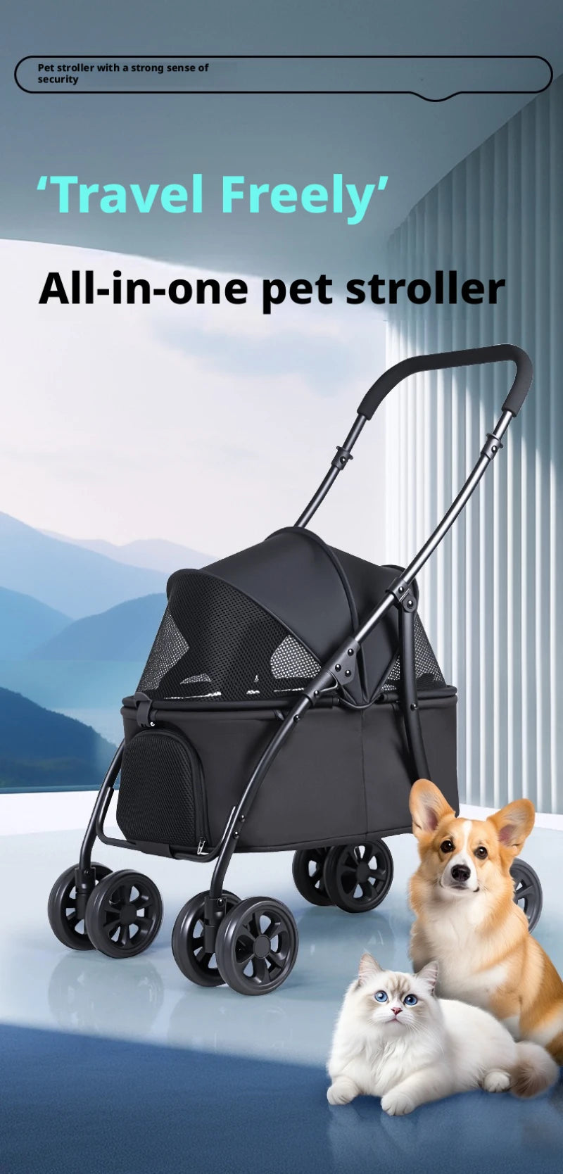 4-Wheel Foldable Pet Stroller with Low 19cm Chassis, Shock-Absorbing 360° Swivel Wheels, Breathable Mesh Windows & Storage Pocket, One-Click Folding Travel Cart for Small Medium Dogs & Cats