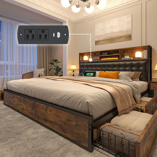 EnHomee Upholstered Platform Bed Frame With Charging Station And Storage Drawers