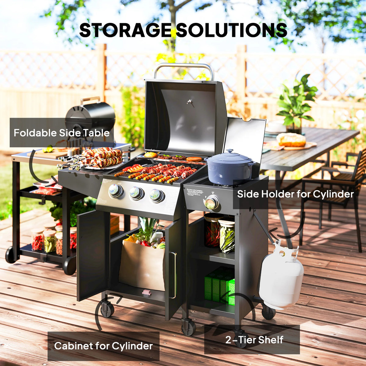 3 Burner Gas Grill With Side Burner And Shelves Propane BBQ