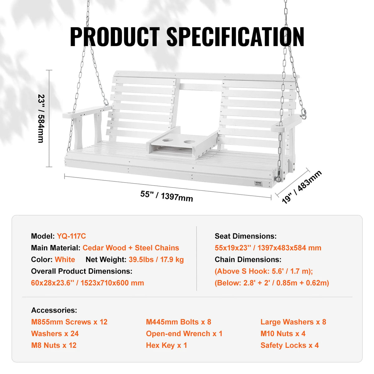 SucceBuy Cedar Wood Porch Swing Outdoor Bench With Steel Chains