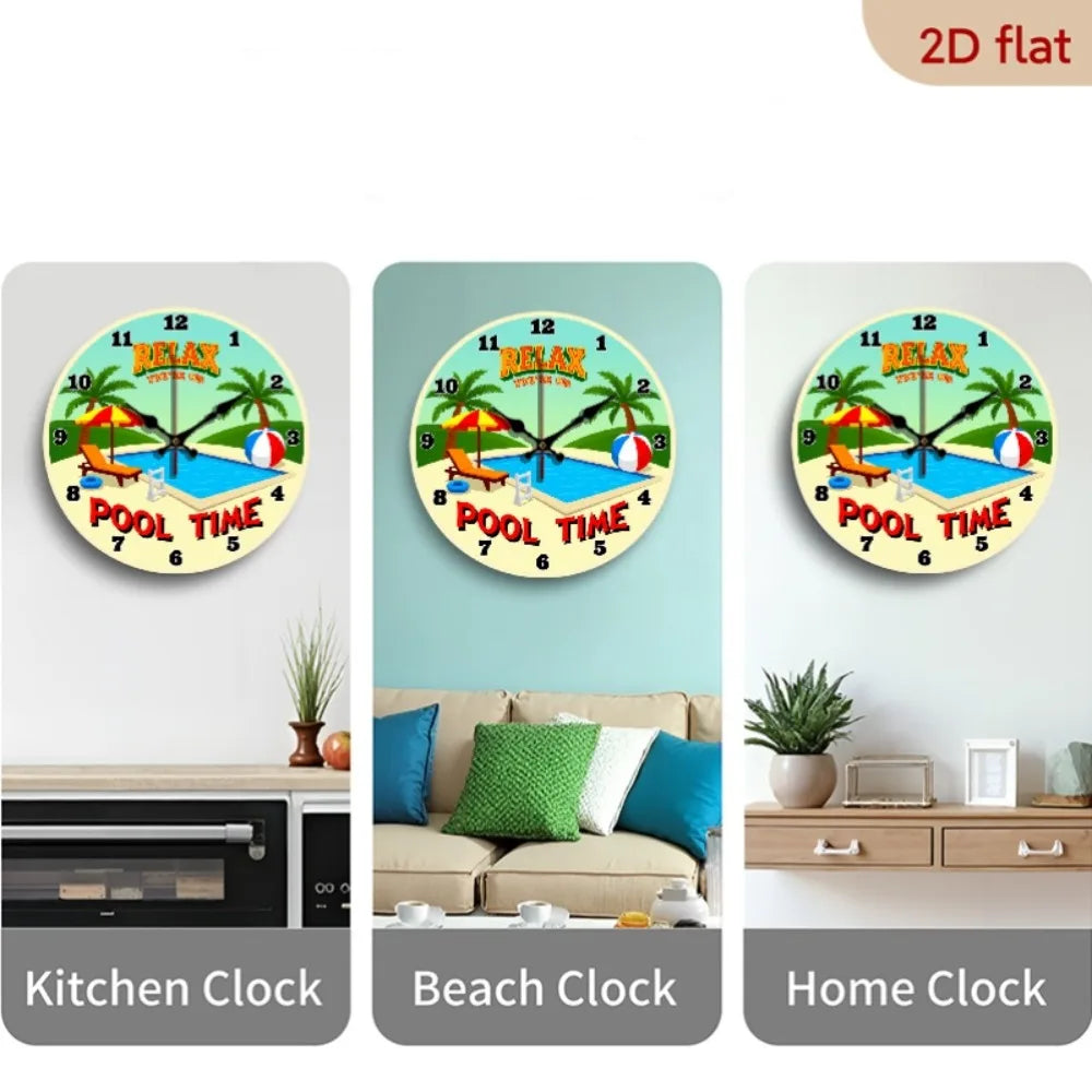 Wooden Wall Clock Tropical Beach Theme Silent Non Ticking Pool Party Decor