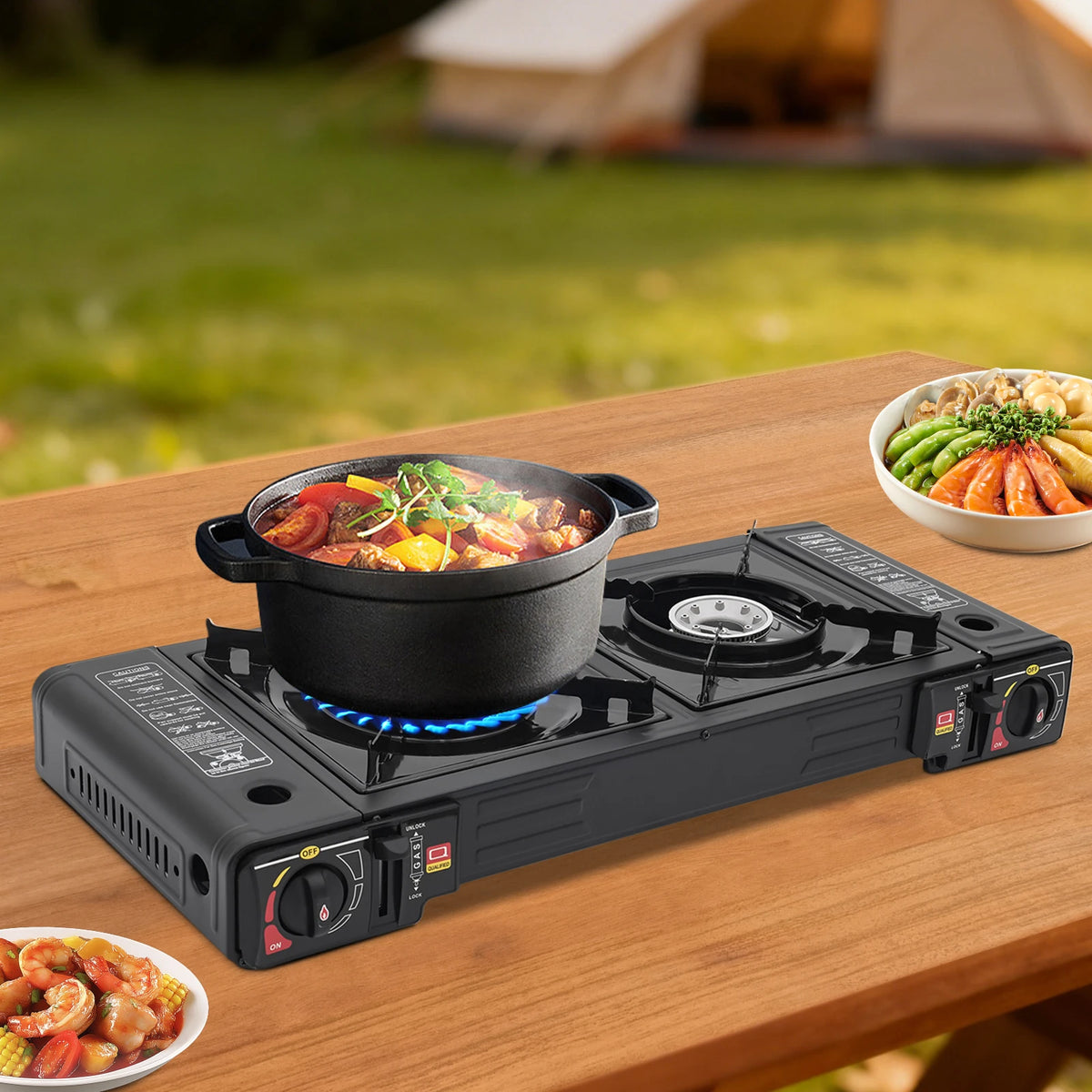 2 Burner Portable Camping Stove With Piezo Ignition For Butane Or LPG