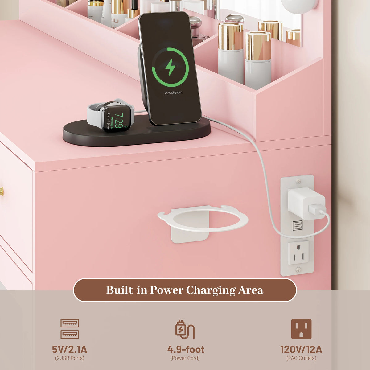 Makeup Vanity With Large Mirror And Lights USB Charging Station