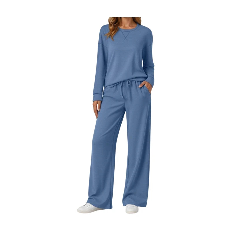 Women's Polyester Knit Two-Piece Set With Long Sleeve Top And Wide Leg Trousers