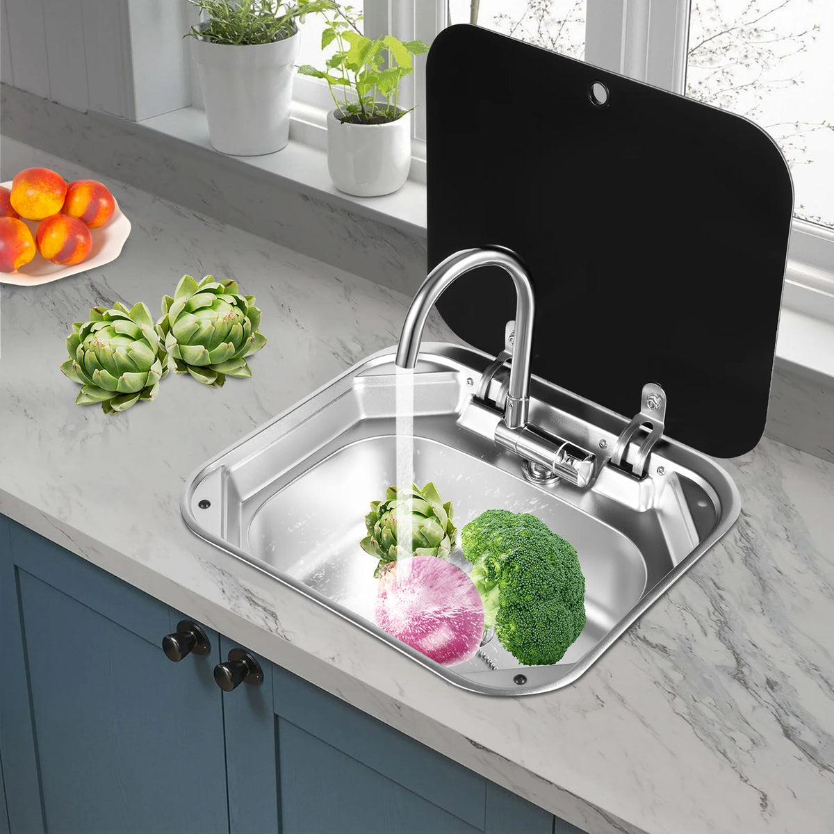 RV Sink With Foldable Tempered Glass Cover And Faucet Stainless Steel Camper Van