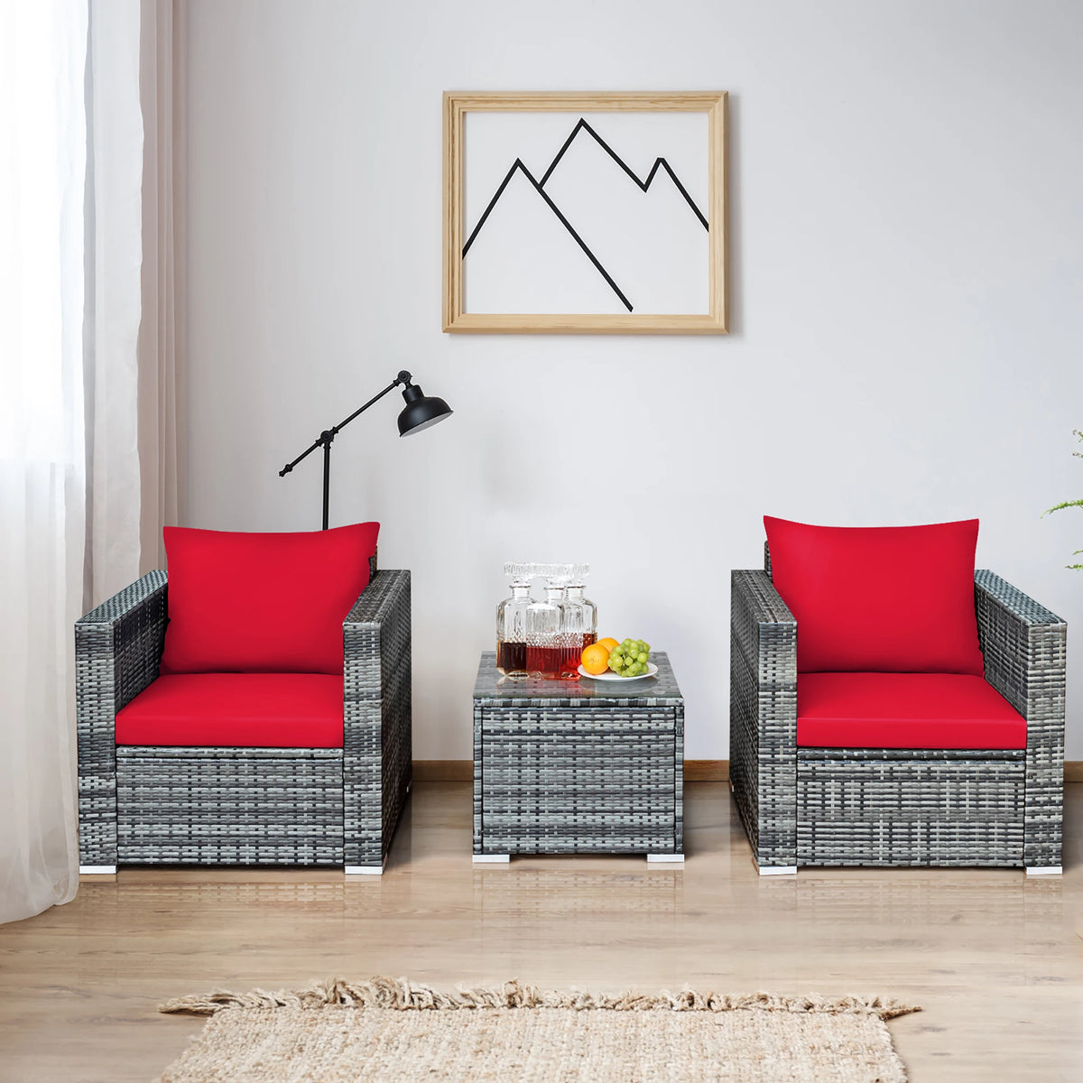 HOMASIS 3 Piece Patio Rattan Bistro Set Cushioned Sofa Chairs Table