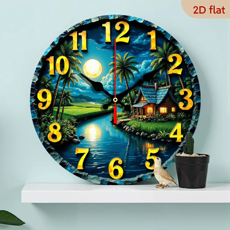 Rustic Farmhouse Wall Clock With Palm Tree Design Silhouette
