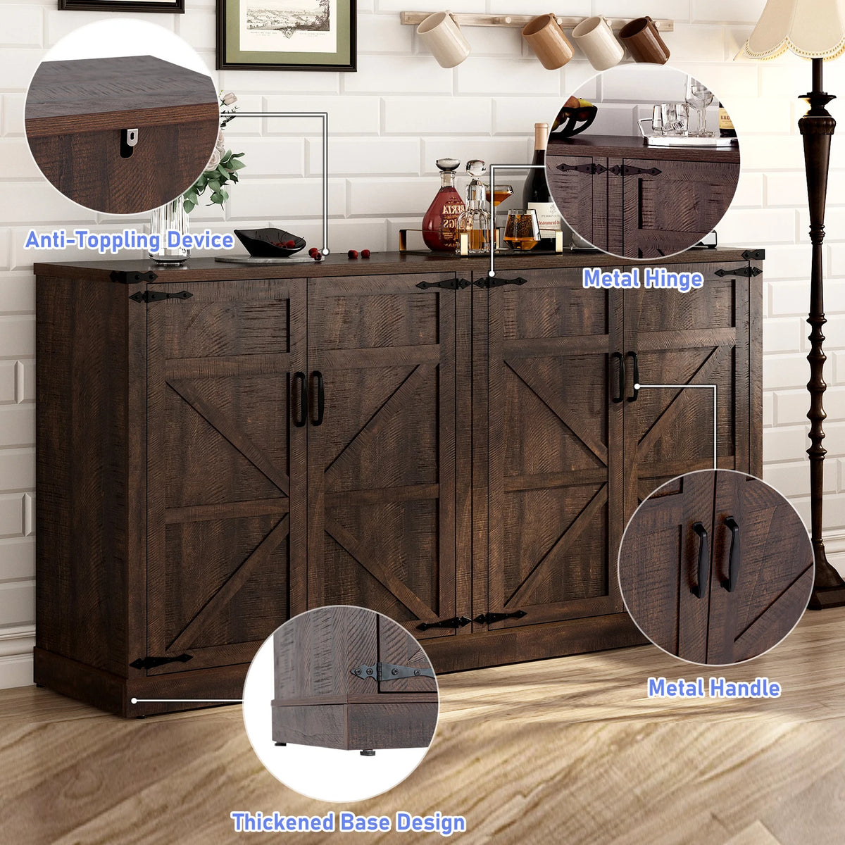 QiaoShiRen Buffet Cabinet With Drawers And Doors Farmhouse Kitchen