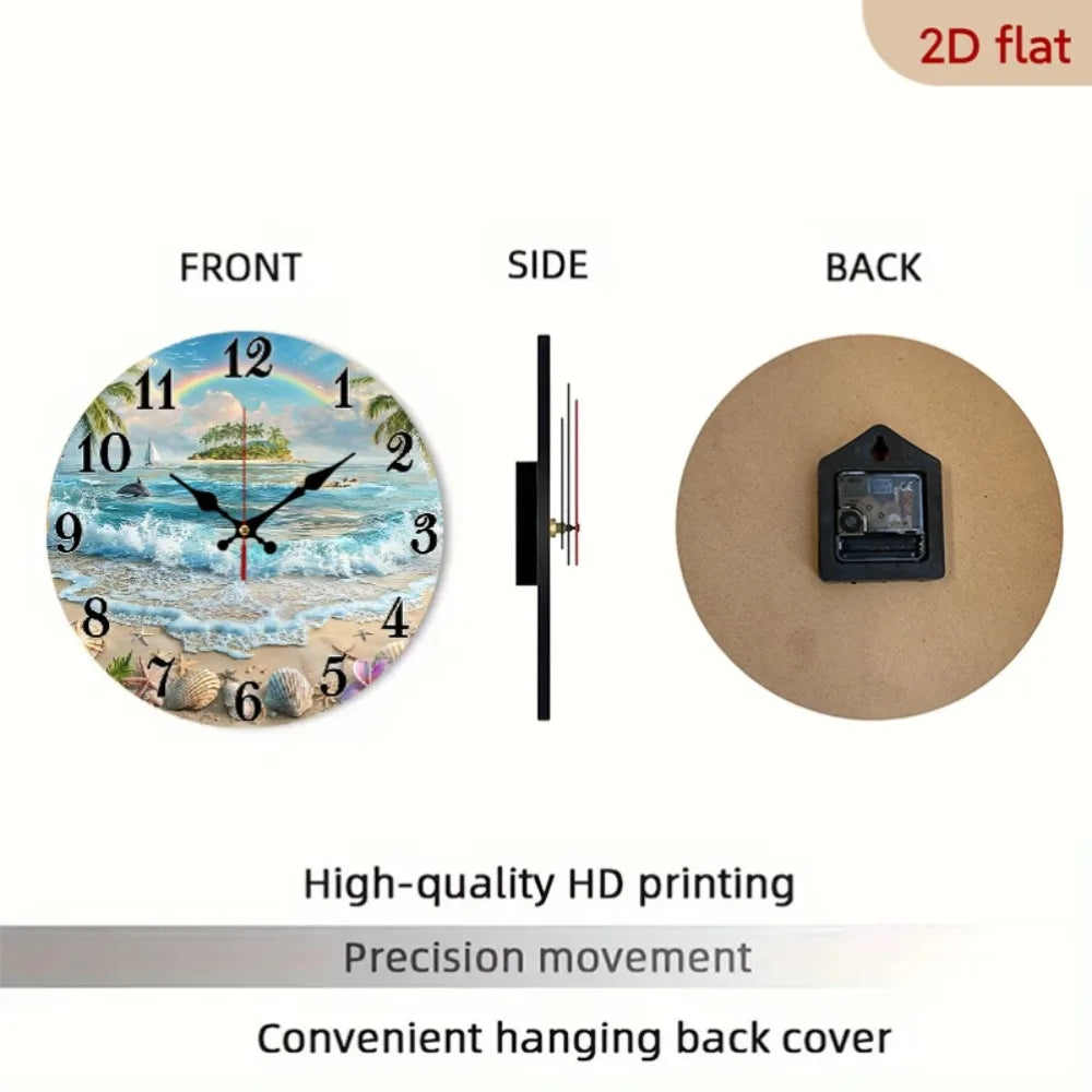 Tropical Beach Ocean Wooden Wall Clock With Rainbow Dolphins Seashells