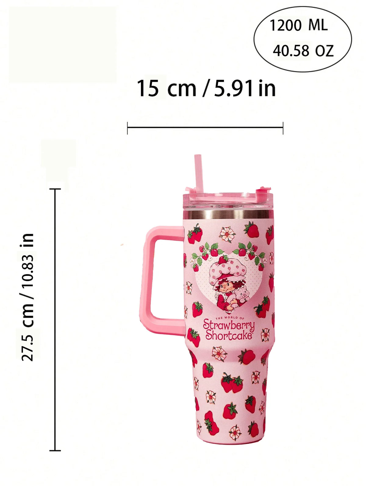 Strawberry Shortcake X POKOJA LAND 40oz Stainless Steel Tumbler Water Bottle/Coffee Cup With Handle And Straw, Leakproof, Insulated (Keeps Drinks Hot Or Cold)