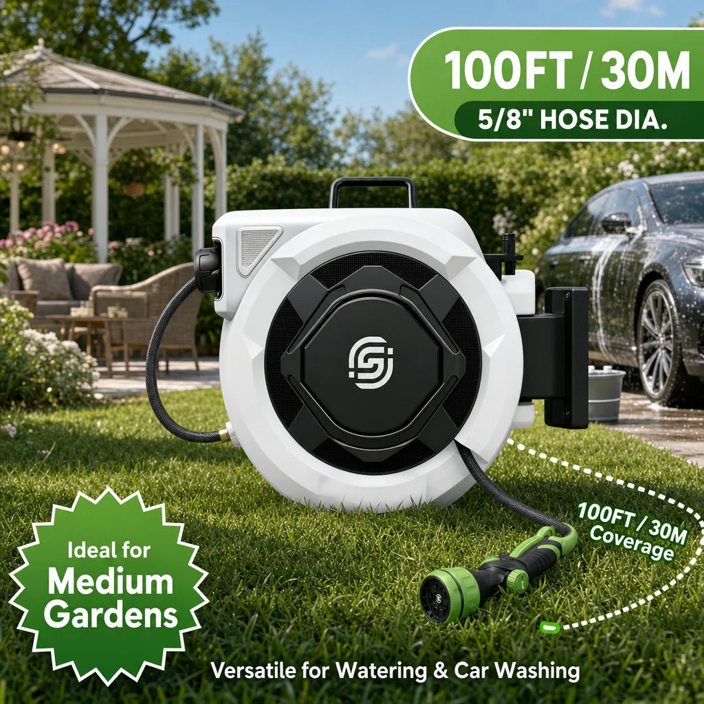 SUNPOW Retractable Garden Hose Reel,5/8in×100FT Wall‑Mount Heavy‑Duty Reel,Any Length Lock,Pulley Guide Rail System,Leak‑Proof 3/4in Brass Fitting,10‑Function Spray Nozzle,180° Swivel Bracket,Auto Rewind for Garden