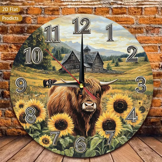 Wood Batter Scottish Highland Cow And Sunflower Wall Clock