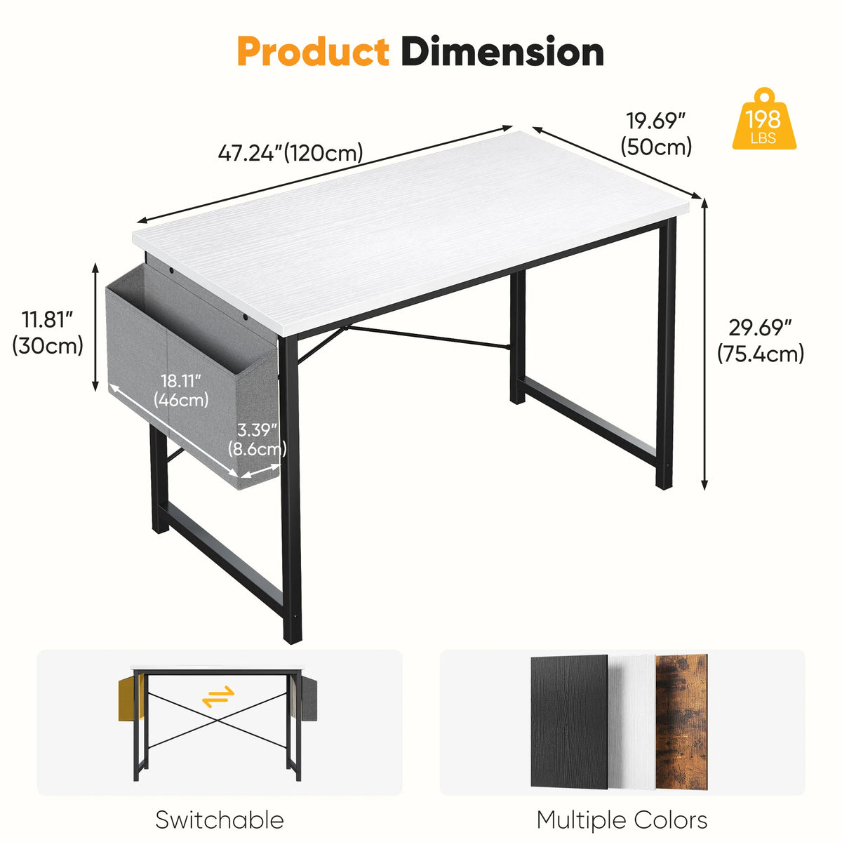 JHK Computer Desk With Storage Bag Metal Frame Wood Tabletop