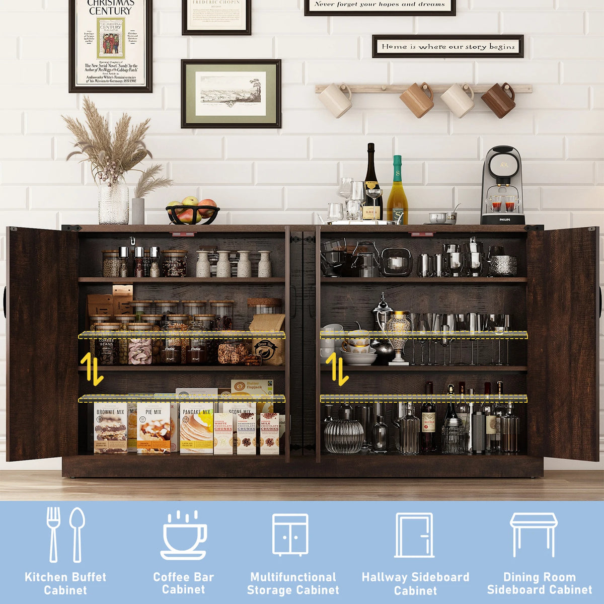 QiaoShiRen Buffet Cabinet With Drawers And Doors Farmhouse Kitchen