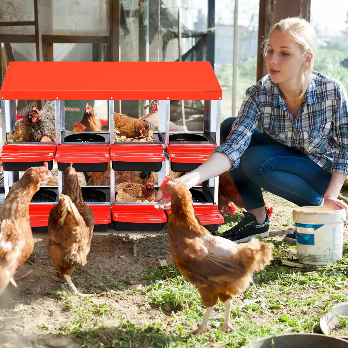 HiMISS Metal Hen Nesting Box With Roll Out Egg Collection Multi Compartment Chicken Coop