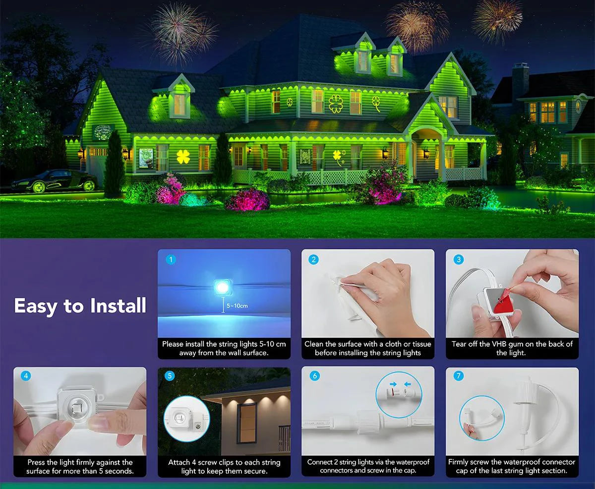 GCTeching Waterproof Permanent Outdoor LED String Lights For Decoration