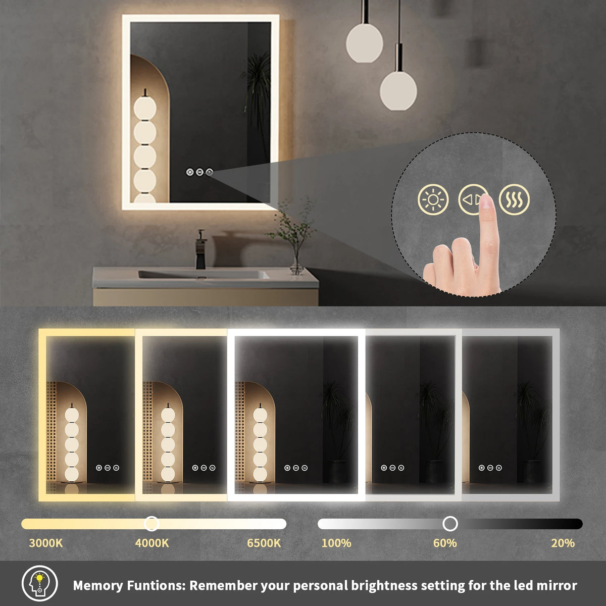 Vanity LED Illuminated Wall Mount Bathroom Mirror With Antifog