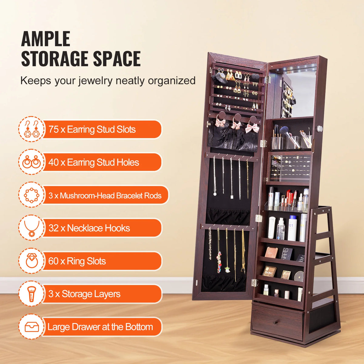 SucceBuy Mirror Jewelry Cabinet 360 Degree Swivel With Lockable Storage