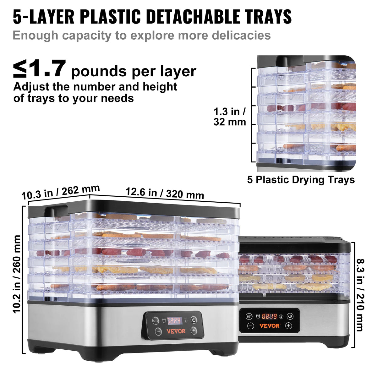 VEVOR 5 Tray Food Dehydrator Stainless Steel Dryer With Timer