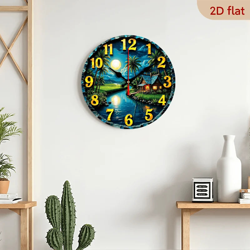 Rustic Farmhouse Wall Clock With Palm Tree Design Silhouette